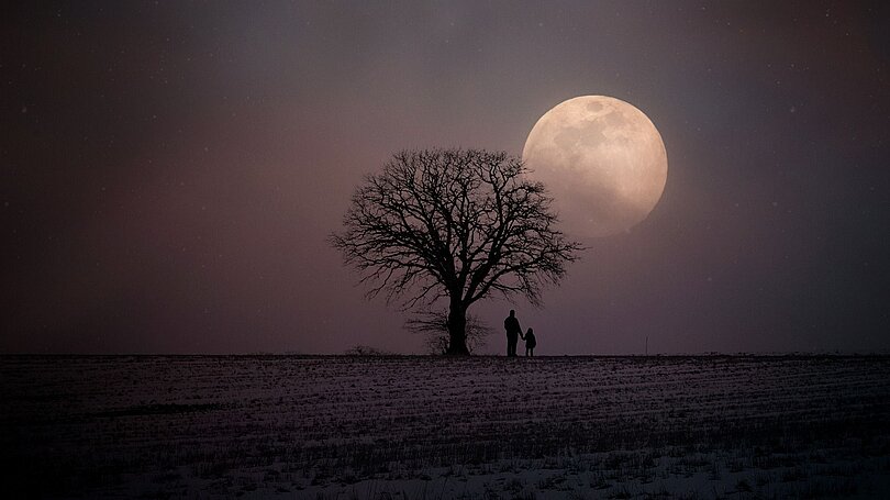 Zwei Menschen stehen unter einem Baum und beobachten den Nachthimmel mit Mond.