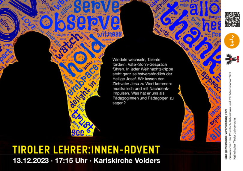 Plakat zum Tiroler Lehrer:innen Advent: Man sieht den Umrisse eines Mannes und eines Jungen, die am Boden sitzen und ins Gespräch vertieft sind. 