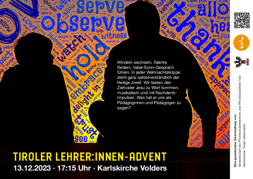 Plakat zum Tiroler Lehrer:innen Advent: Man sieht den Umrisse eines Mannes und eines Jungen, die am Boden sitzen und ins Gespräch vertieft sind.