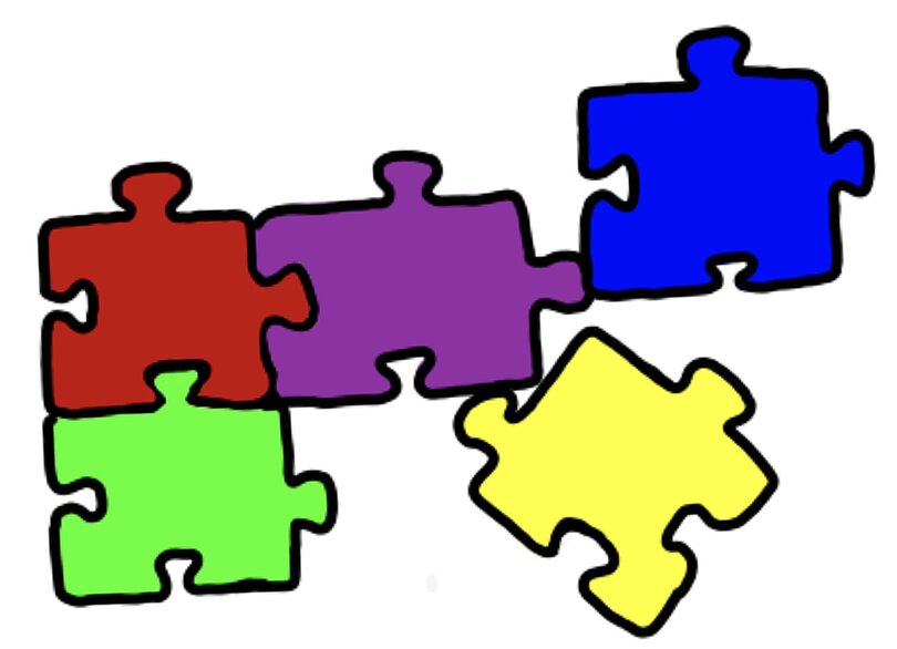 Ein rotes, ein lila, ein dunkelblaues, ein hellgrünes und ein gelbes Puzzleteil