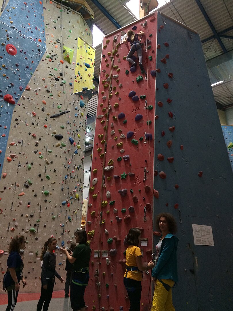 In der Kletterhalle stehen ein rot, blauer Turm und ein grau, blauer Turm. Ein Mädchen, gesichert mit Klettergurten, ist schon ganz oben angelangt.  Am Fuße der Klettertürme stehen zwei Lehrer*innen und drei Mädchen. 