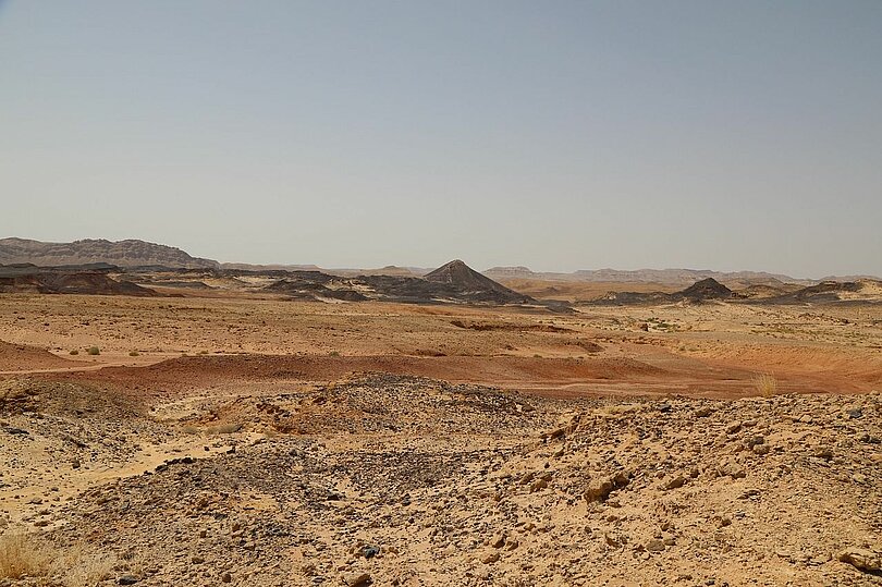 Wüstenlandschaft in Israel mit Bergen im Hintergrund