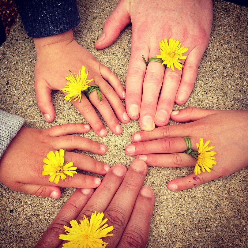 Zwei Erwachsenen-Hände und drei Kinderhände. An jeder Hand ist ein Löwenzahnring.