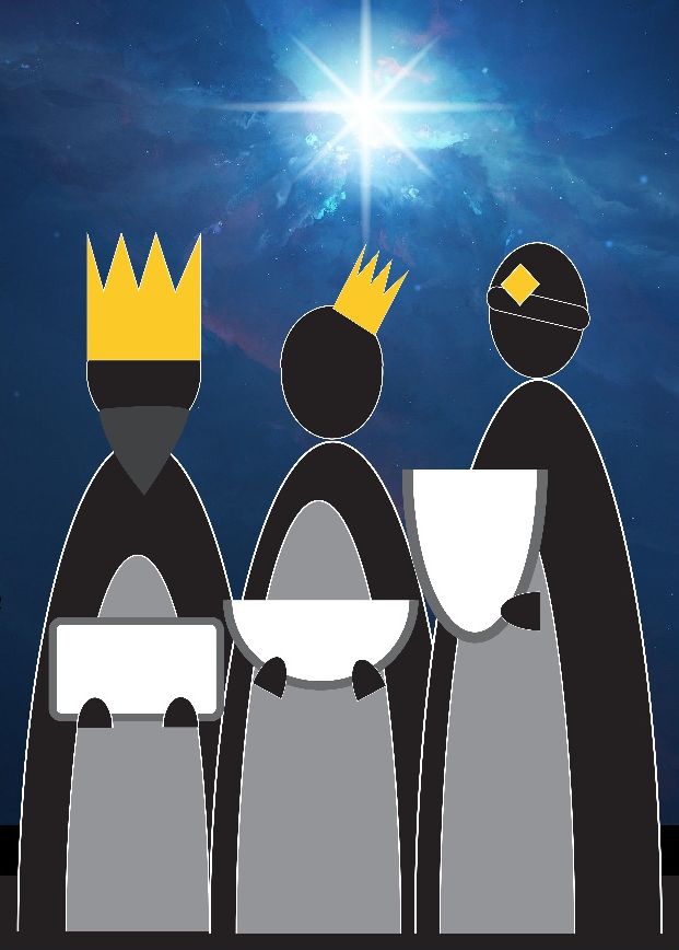 Drei Figuren, die Könige sein können, haben je eine Schatzkiste in der Hand.